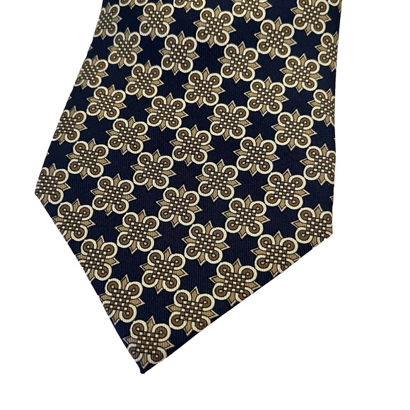 HERMÈS Silk Tie Men's 56.5x3.5" Navy Gold Geometric Foulard France 7642 TA - Picture 5 of 11